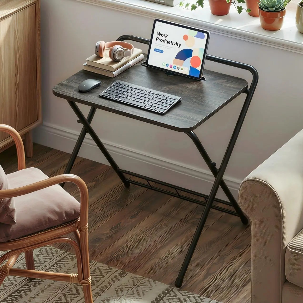 IRONCK Folding Desk for Small Spaces,Folding TV Tray Table, Industrial Snack Table for Eating at Couch,24.8 Inch Foldable Computer Table with 3-Level Adjustable Height & Tablet Slot, Space Saving, Writing Work Table for Home Office, Bedroom, Outdoor Patio