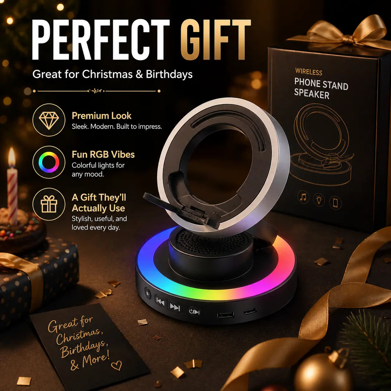 Wireless Speaker Phone Stand with BT Speaker Power Bank RGB Light Foldable for All Phones Bluetooth 5.3 Technology Adjustable Stand Vibrant Ambient Lighting Perfect Gift Choice
