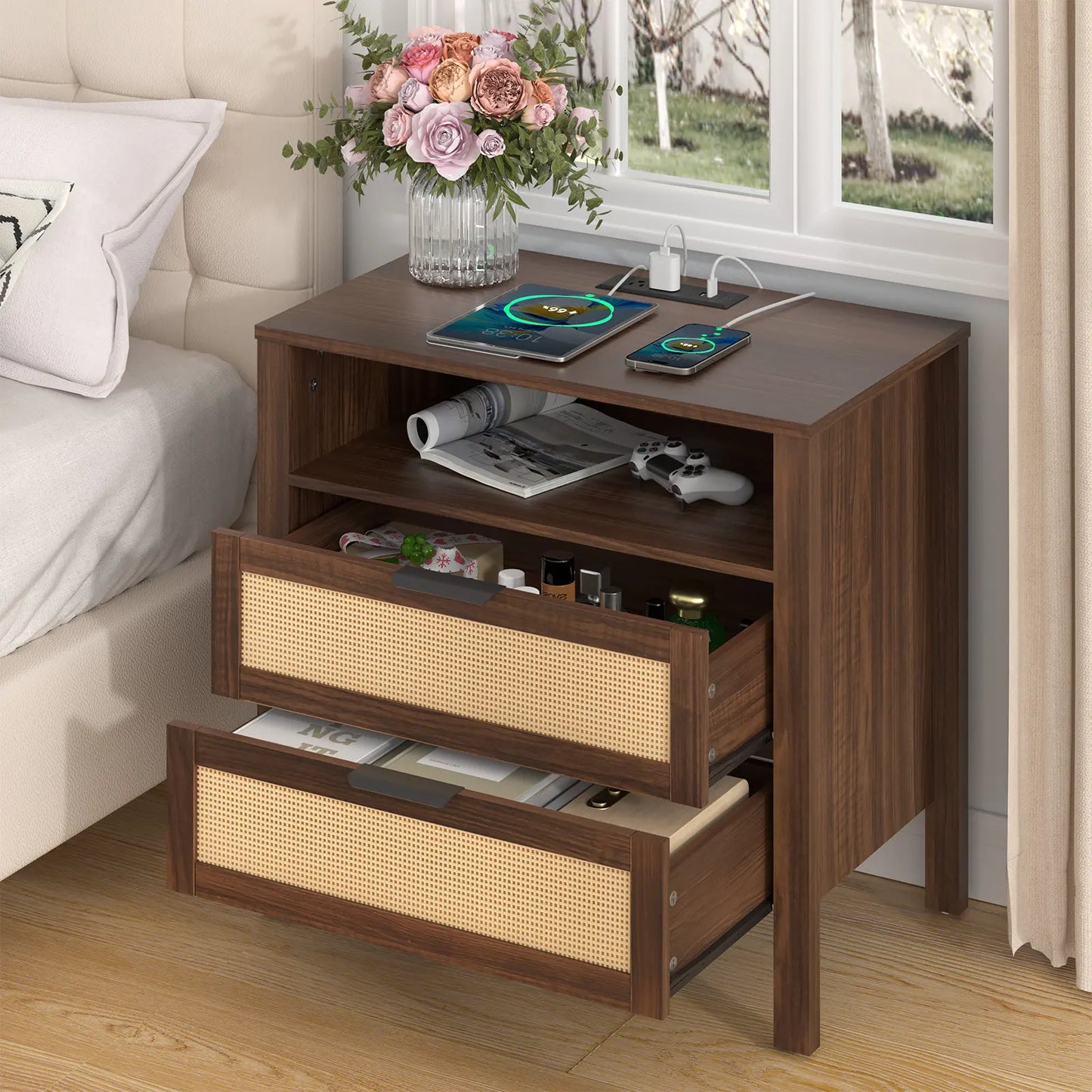 HOMMPA Nightstand with Charging Station, Boho Bedside Table with USB Ports, Large Rattan Night Stand with 3 Drawers, Modern Side Table End Table with Open Shelf for Bedroom, Cream
