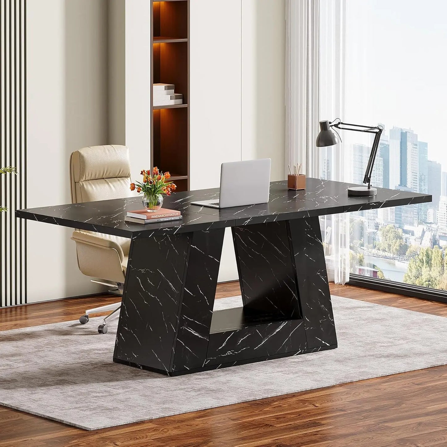 LITTLE TREE Farmhouse Computer Desk, 63-Inch Large Office Desk Workstation, Simple Style Executive Desk Study Table with Sturdy Base, Wooden Writing Desk for Home Office