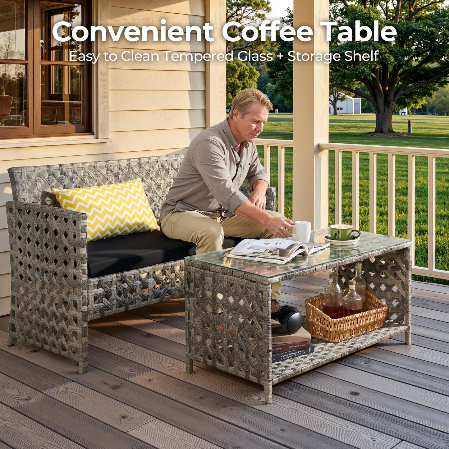 【Mother'S Day Gift】Ovios 4-Piece Patio Furniture Set, Outdoor Wicker Furniture with Coffee Table Glass Top Included, Modern Rattan Chairs Conversation Set, Outdoor Seating, Weather-Resistant, for Porch, Garden, Lawn