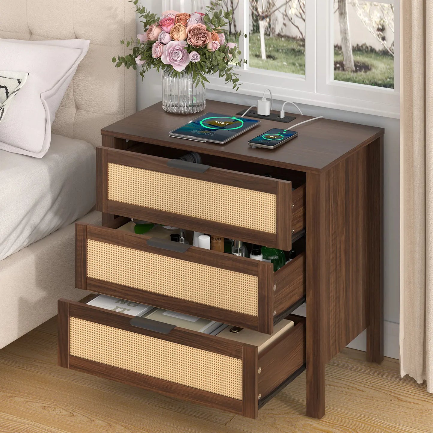 HOMMPA Nightstand with Charging Station, Boho Bedside Table with USB Ports, Large Rattan Night Stand with 3 Drawers, Modern Side Table End Table with Open Shelf for Bedroom, Cream