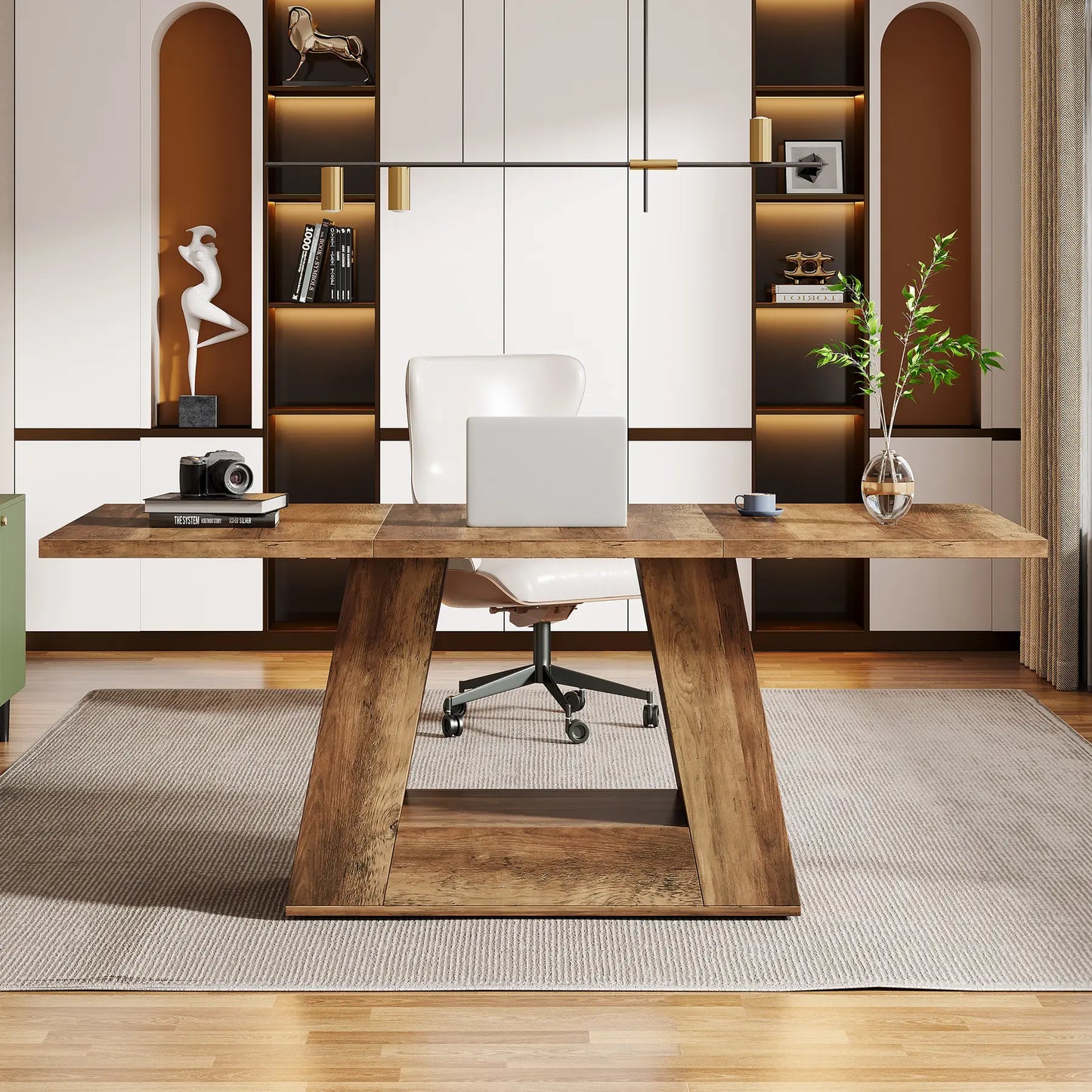 LITTLE TREE Farmhouse Computer Desk, 63-Inch Large Office Desk Workstation, Simple Style Executive Desk Study Table with Sturdy Base, Wooden Writing Desk for Home Office