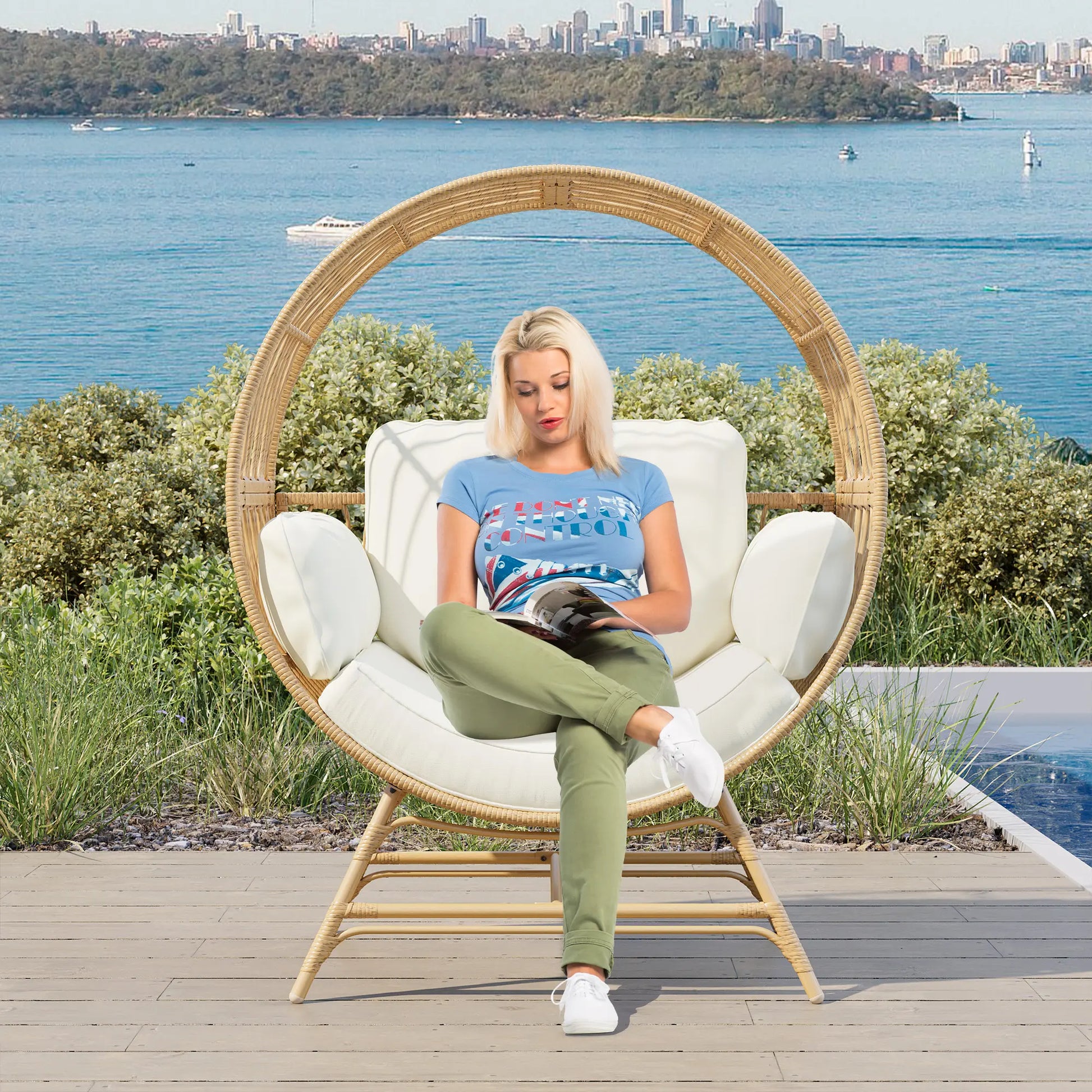 LHBCRAFT Rattan Wicker Egg Chair-330Lbs Weight Capacity, Egg Basket Lounge Chair with 4 Cushions, Oversized Indoor and Outdoor Lounger Chair for Patio & Living Room, Steel Fram,Christmas Gift