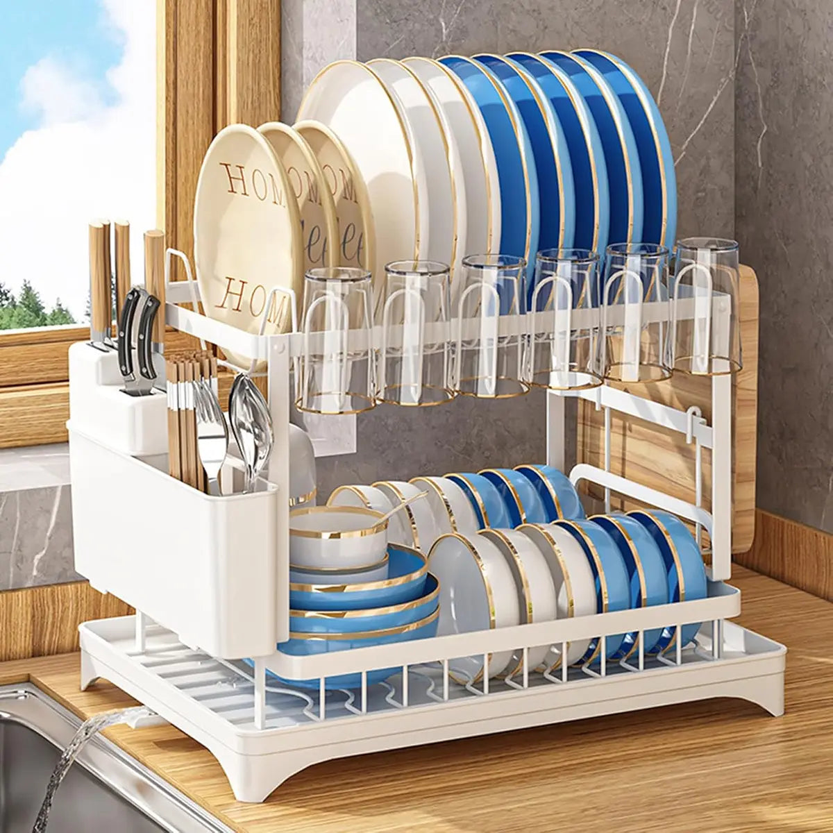 2 Tier Large Dish Drying Rack,Drying Rack with Automatic Drainboard,Rustproof Dish Drainer with Removable Utensil Holder, Cups Holder