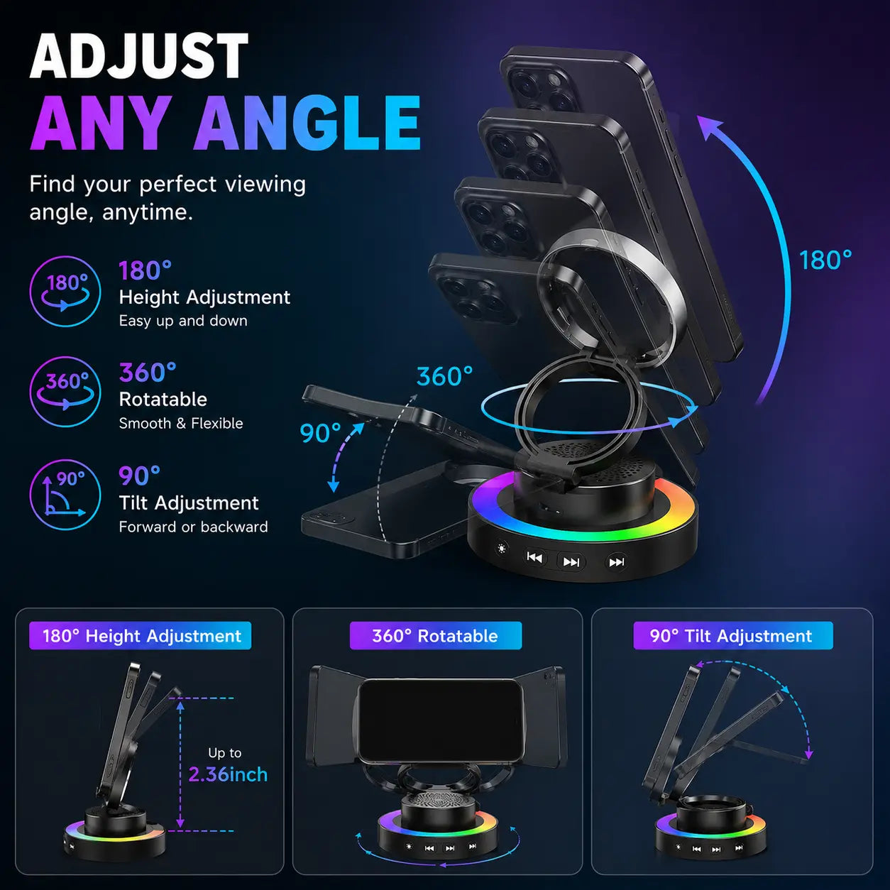 Wireless Speaker Phone Stand with BT Speaker Power Bank RGB Light Foldable for All Phones Bluetooth 5.3 Technology Adjustable Stand Vibrant Ambient Lighting Perfect Gift Choice