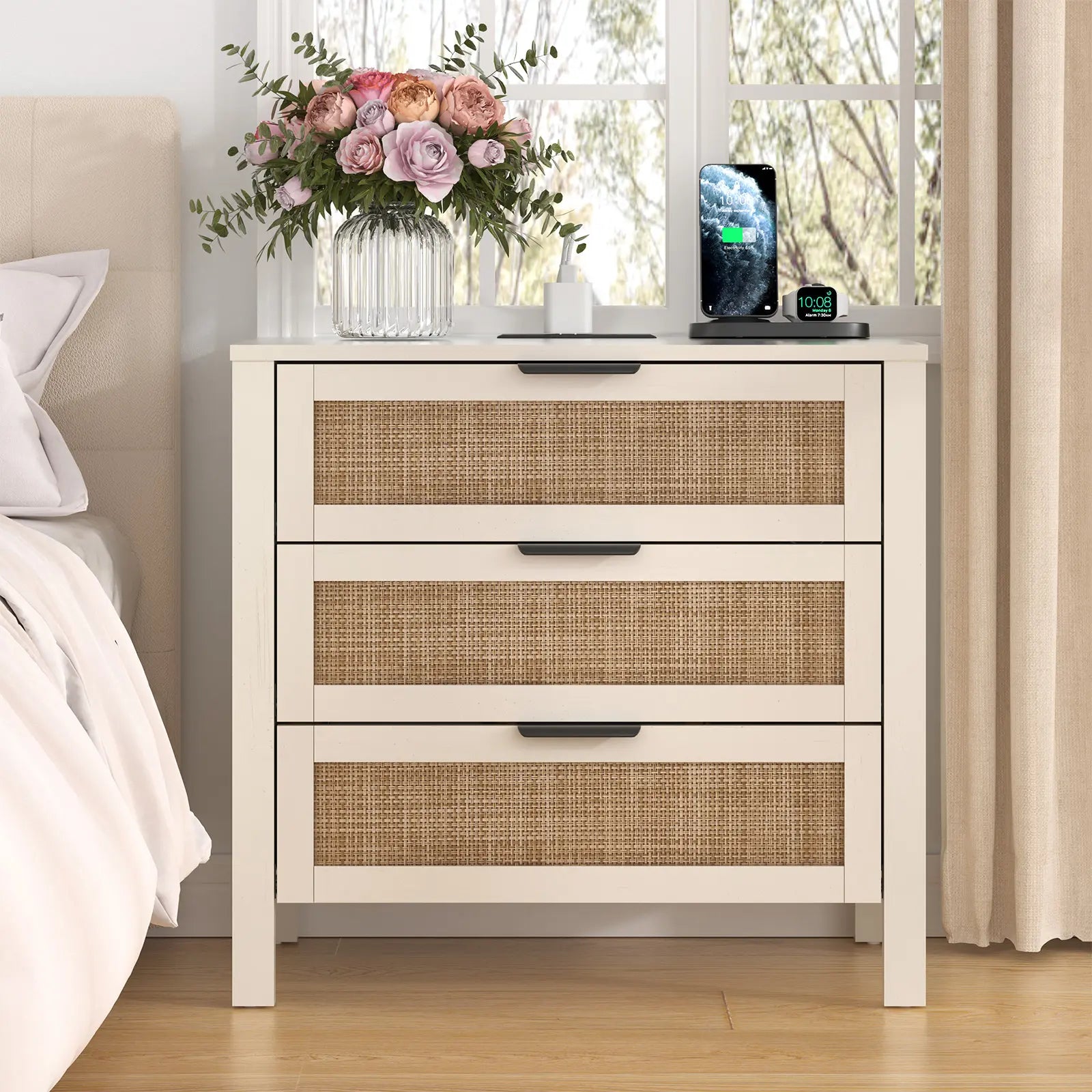 HOMMPA Nightstand with Charging Station, Boho Bedside Table with USB Ports, Large Rattan Night Stand with 3 Drawers, Modern Side Table End Table with Open Shelf for Bedroom, Cream