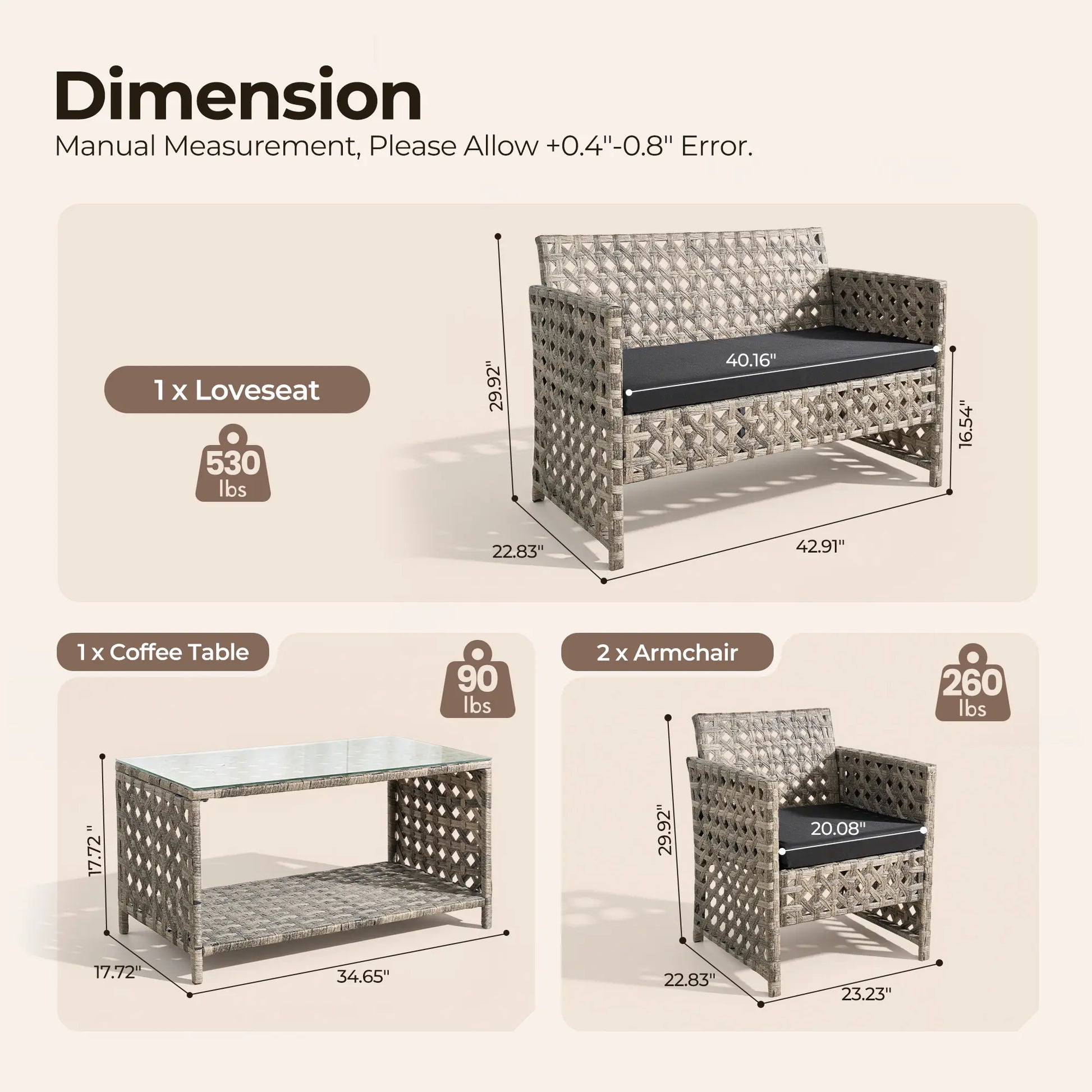 【Mother'S Day Gift】Ovios 4-Piece Patio Furniture Set, Outdoor Wicker Furniture with Coffee Table Glass Top Included, Modern Rattan Chairs Conversation Set, Outdoor Seating, Weather-Resistant, for Porch, Garden, Lawn