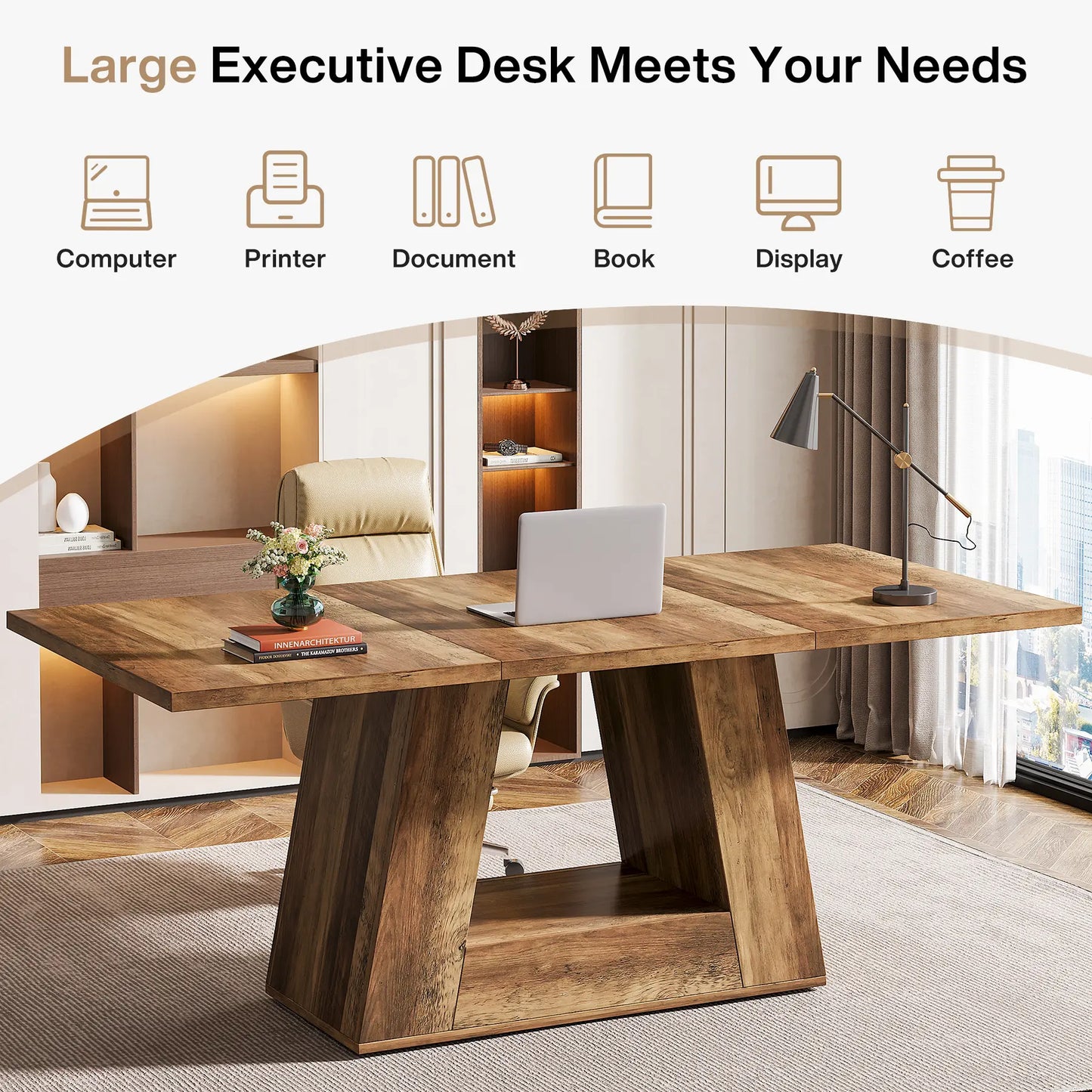 LITTLE TREE Farmhouse Computer Desk, 63-Inch Large Office Desk Workstation, Simple Style Executive Desk Study Table with Sturdy Base, Wooden Writing Desk for Home Office
