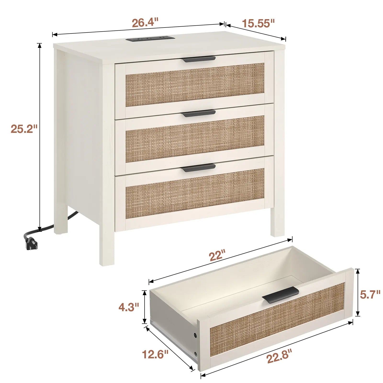 HOMMPA Nightstand with Charging Station, Boho Bedside Table with USB Ports, Large Rattan Night Stand with 3 Drawers, Modern Side Table End Table with Open Shelf for Bedroom, Cream