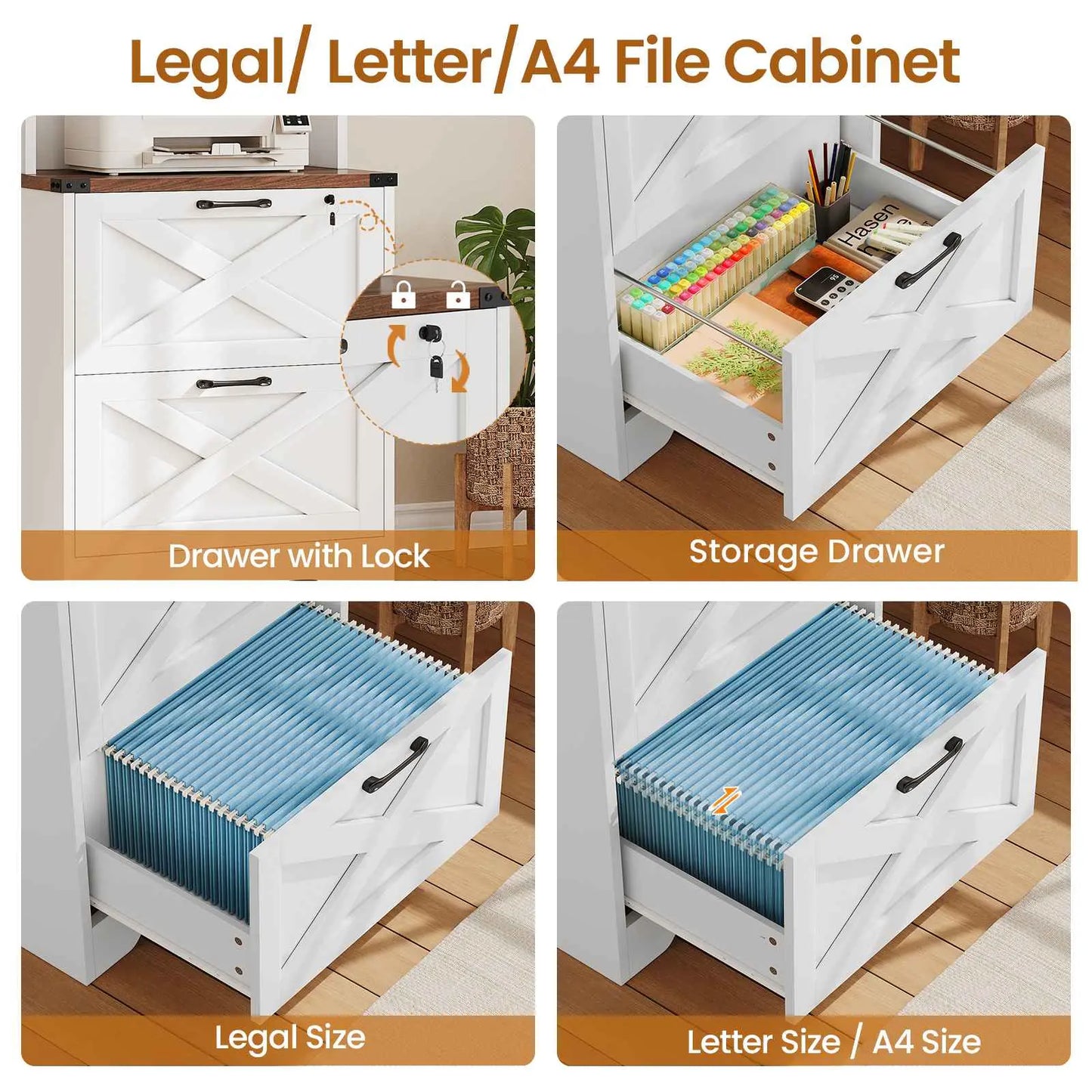 Sedeta 2-Drawer Lockable Wood File Cabinet with Adjustable Storage Shelf, Farmhouse Look Home Office Furniture