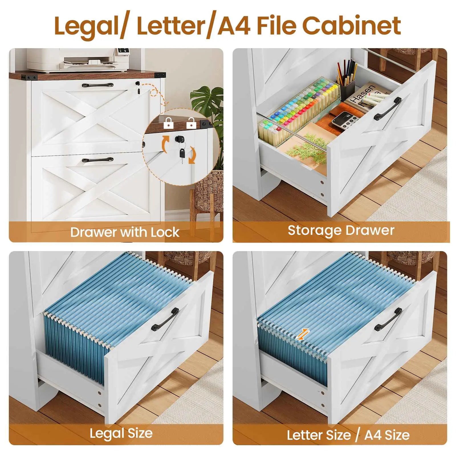 Sedeta 2-Drawer Lockable Wood File Cabinet with Adjustable Storage Shelf, Farmhouse Look Home Office Furniture