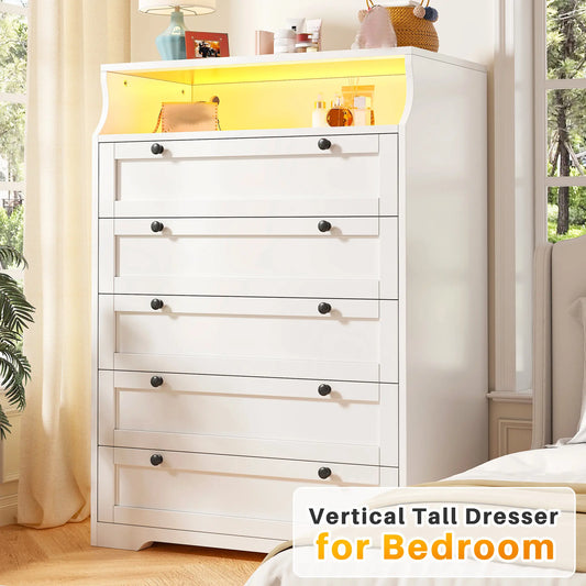 Raybee Modern 5/6/10 Drawer Dresser, with 16 Color RGB LED Lights & Remote Control, Large Storage Cabinet with Anti-Tip Device for Bedroom, Living Room, Office, Sturdy Wooden Dresser with Smooth Gliding Drawers, Easy Assembly Home Furniture Organizer