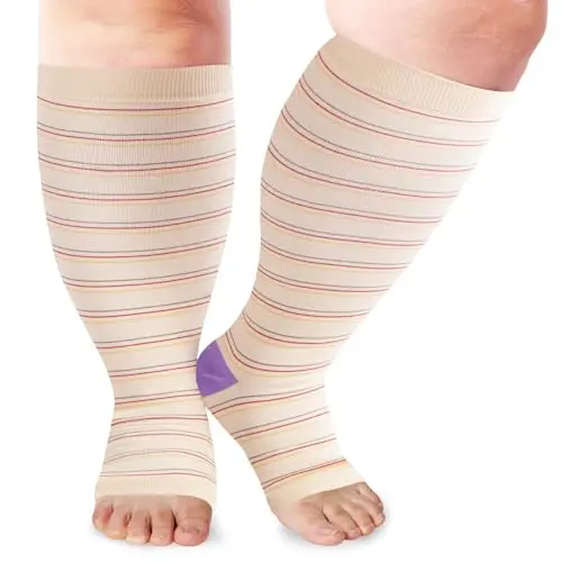 Open Toe plus Size Compression Socks for Women & Men 15-20 Mmhg Toeless Wide Calf Support Knee High Socks - Medical Grade Graduated Compression for Edema Varicose Veins Circulation Relief Comfortable Breathable Stockings
