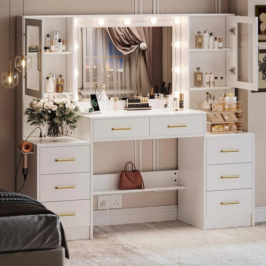 58.3”Vanity Desk with Mirror and Replaceable Lights & Charging Station,Bedroom Dressing Table,Large Vanity Set,8 Drawers and 2 Cabinets,Makeup Vanity Table with Charging Station,Without Stool