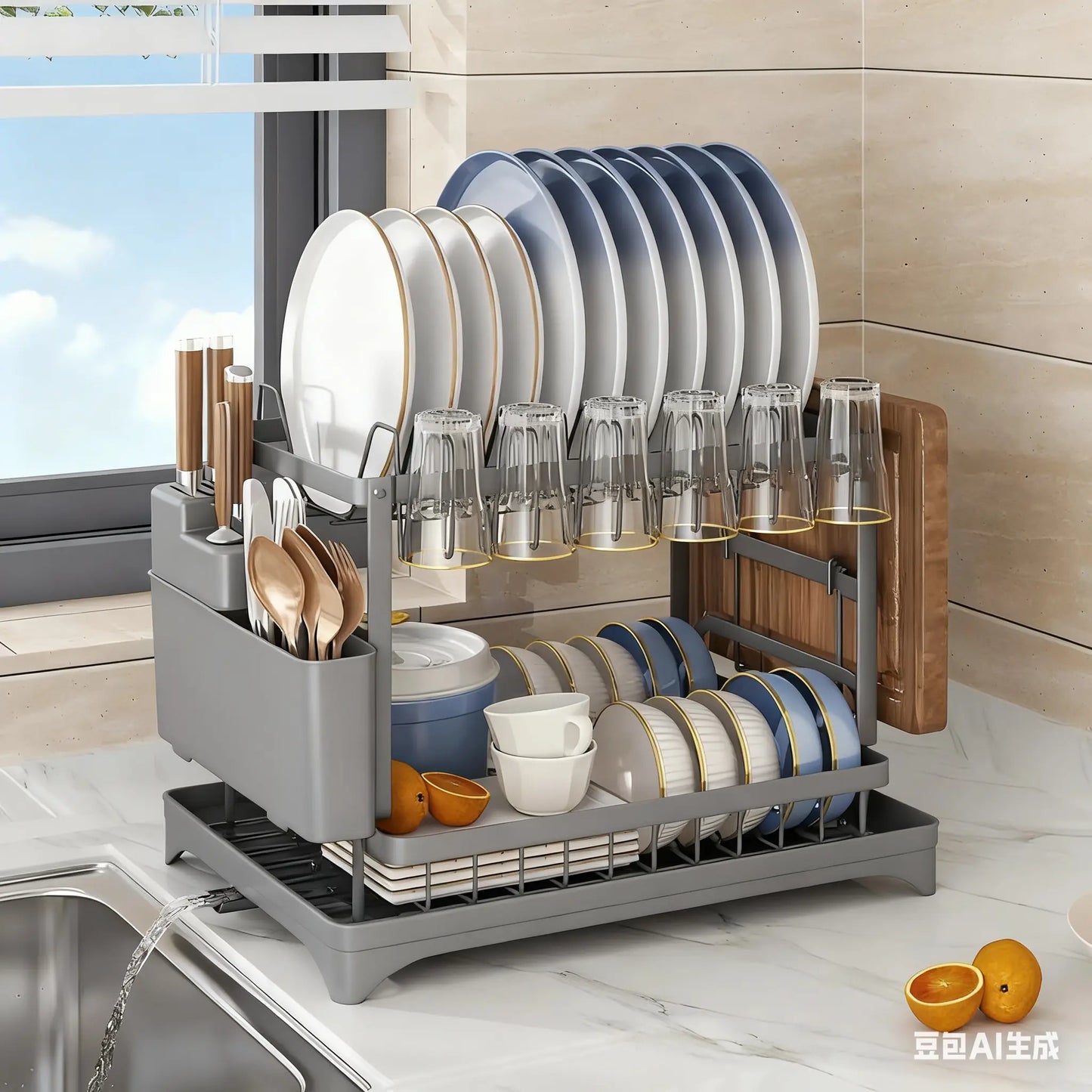 2 Tier Large Dish Drying Rack,Drying Rack with Automatic Drainboard,Rustproof Dish Drainer with Removable Utensil Holder, Cups Holder