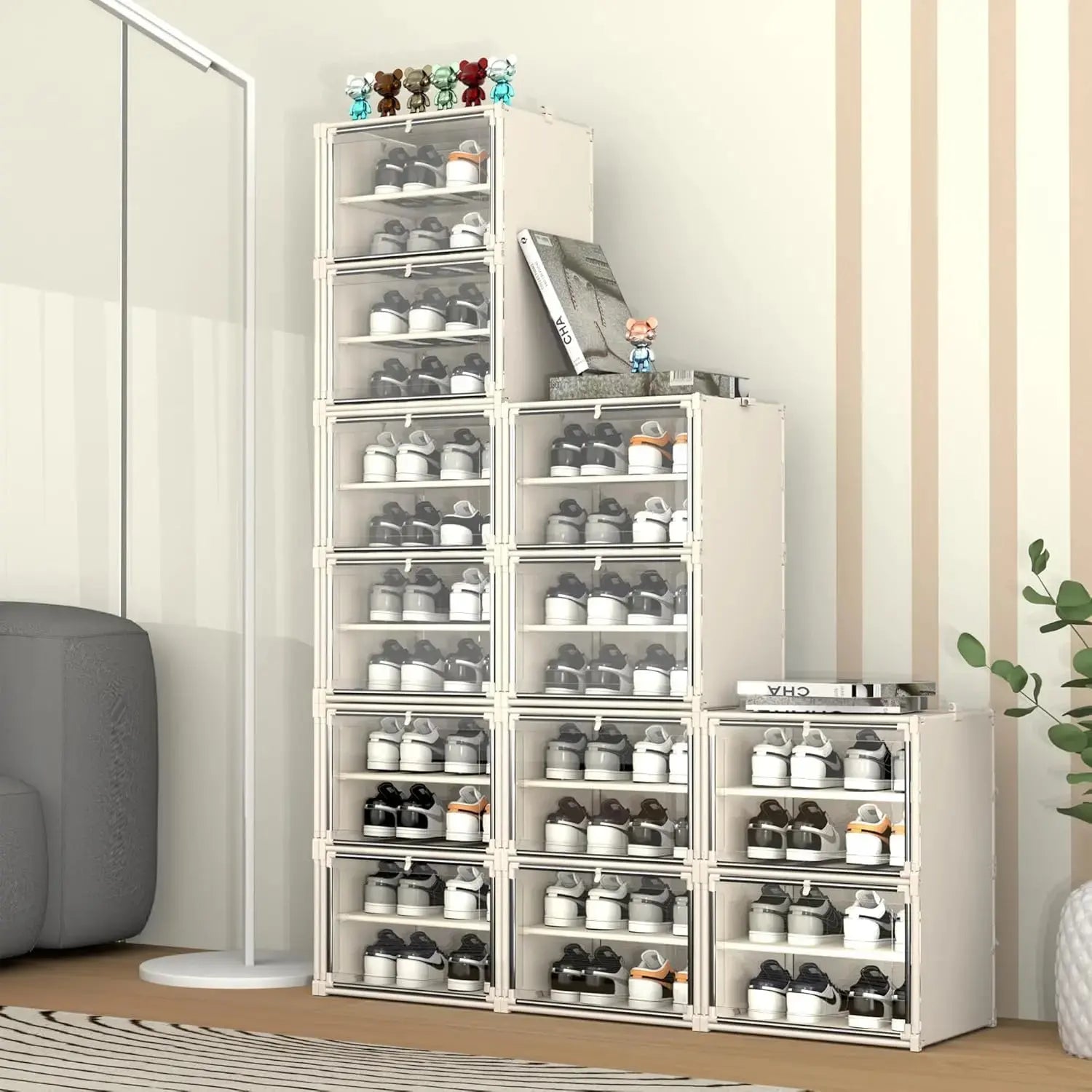 Hard Plastic Folding Stackable Shoe Box Organizer (4 Tiers)