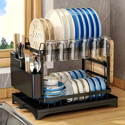2 Tier Large Dish Drying Rack,Drying Rack with Automatic Drainboard,Rustproof Dish Drainer with Removable Utensil Holder, Cups Holder