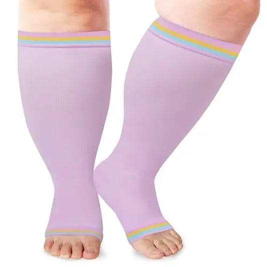 Open Toe plus Size Compression Socks for Women & Men 15-20 Mmhg Toeless Wide Calf Support Knee High Socks - Medical Grade Graduated Compression for Edema Varicose Veins Circulation Relief Comfortable Breathable Stockings
