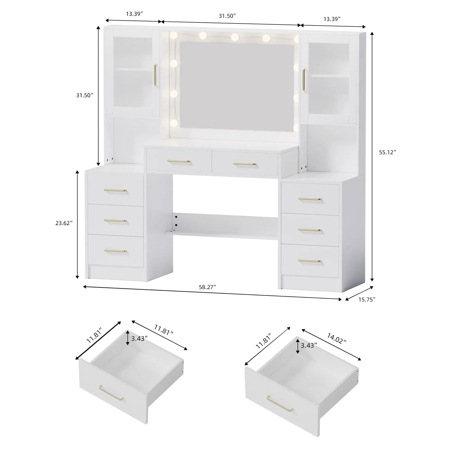 58.3”Vanity Desk with Mirror and Replaceable Lights & Charging Station,Bedroom Dressing Table,Large Vanity Set,8 Drawers and 2 Cabinets,Makeup Vanity Table with Charging Station,Without Stool