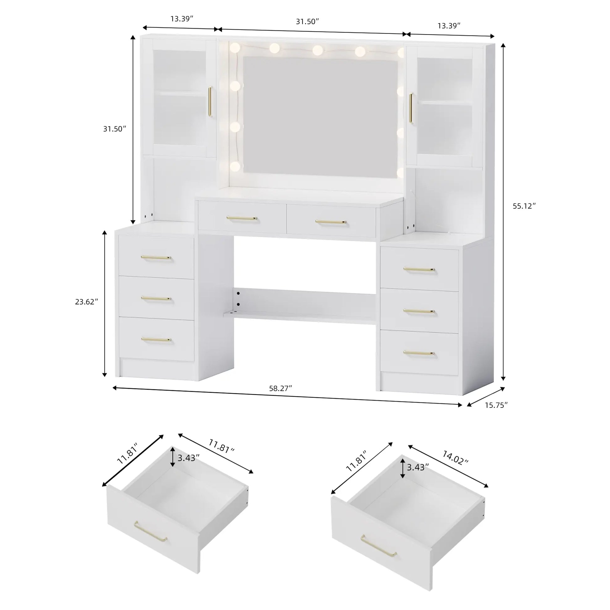 58.3”Vanity Desk with Mirror and Replaceable Lights & Charging Station,Bedroom Dressing Table,Large Vanity Set,8 Drawers and 2 Cabinets,Makeup Vanity Table with Charging Station,Without Stool