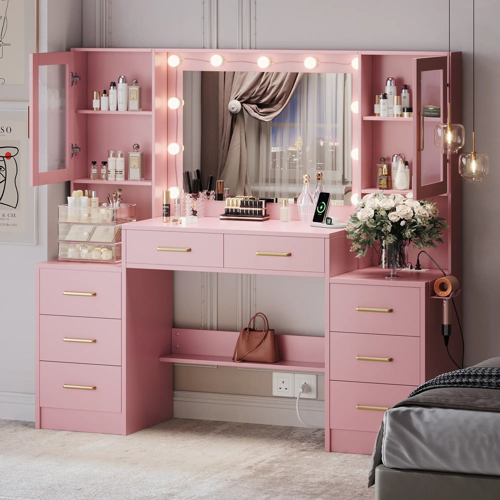58.3”Vanity Desk with Mirror and Replaceable Lights & Charging Station,Bedroom Dressing Table,Large Vanity Set,8 Drawers and 2 Cabinets,Makeup Vanity Table with Charging Station,Without Stool
