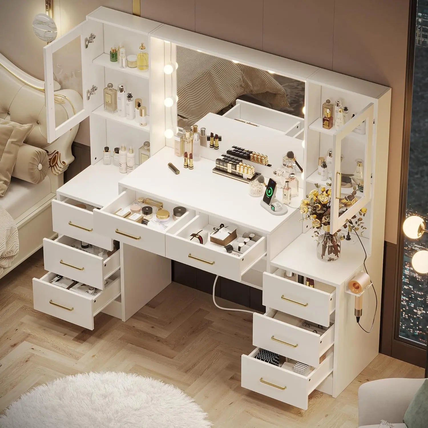 58.3”Vanity Desk with Mirror and Replaceable Lights & Charging Station,Bedroom Dressing Table,Large Vanity Set,8 Drawers and 2 Cabinets,Makeup Vanity Table with Charging Station,Without Stool
