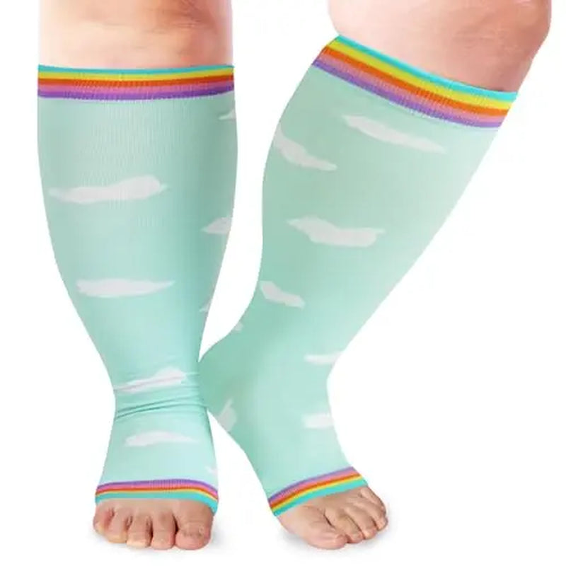 Open Toe plus Size Compression Socks for Women & Men 15-20 Mmhg Toeless Wide Calf Support Knee High Socks - Medical Grade Graduated Compression for Edema Varicose Veins Circulation Relief Comfortable Breathable Stockings