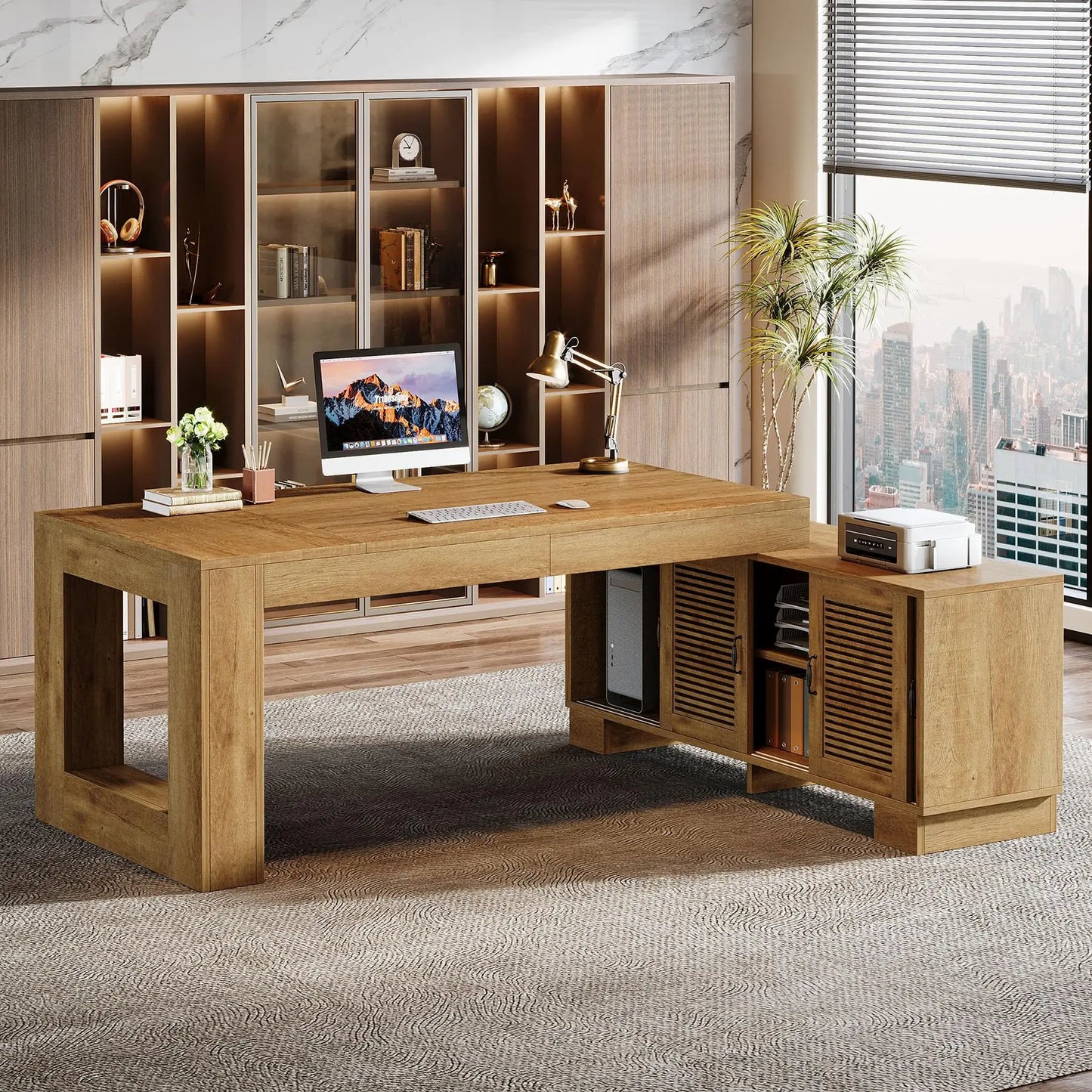 Tribesigns 63-Inch L Shaped Desk for Home Office with Storage Cabinets and Shelves, Modern Executive Computer Workstation