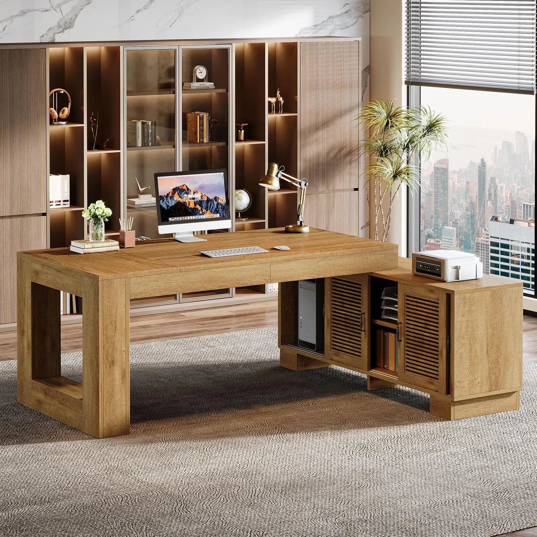 Tribesigns 63-Inch L Shaped Desk for Home Office with Storage Cabinets and Shelves, Modern Executive Computer Workstation