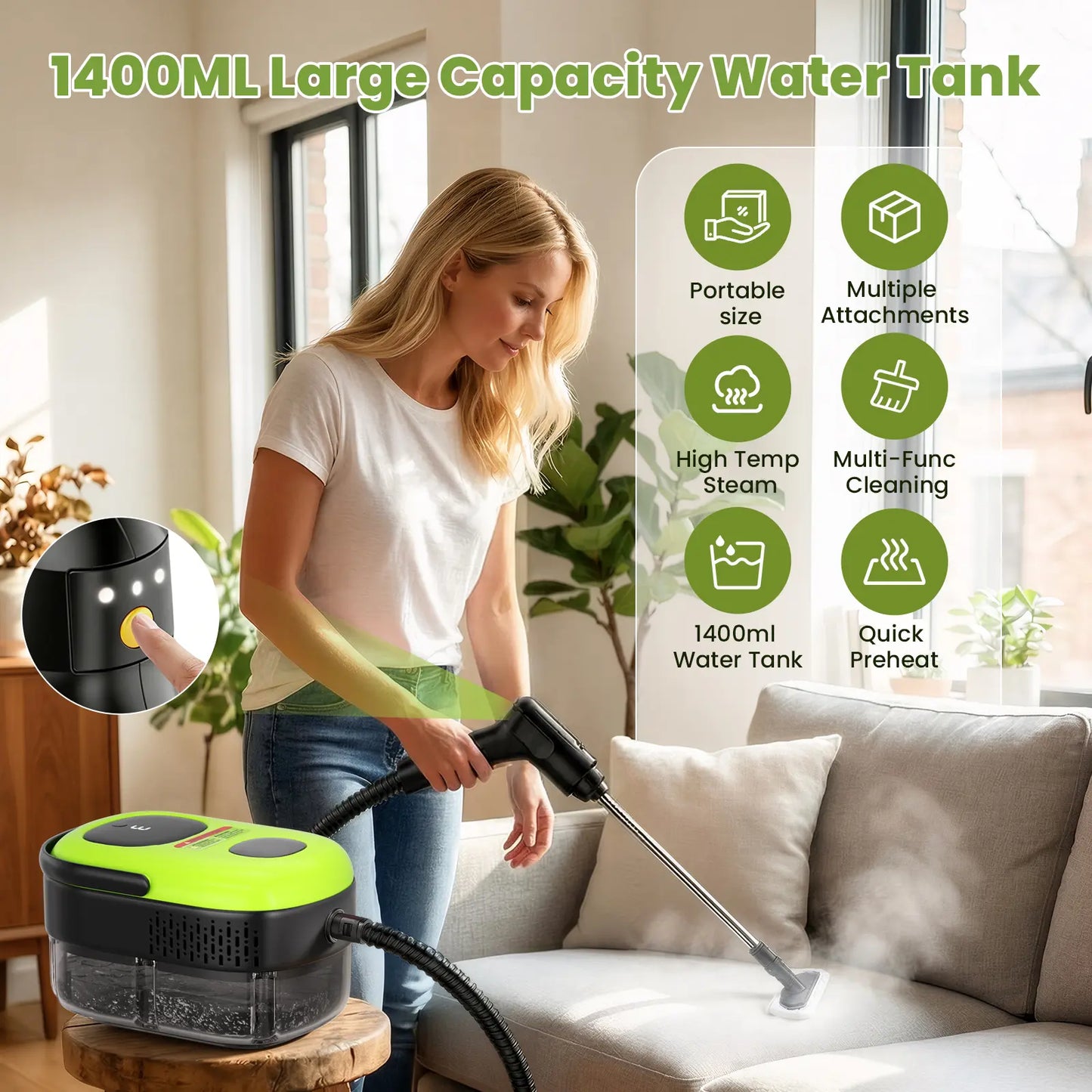 Household and Car Steam Cleaner, 1500W Power, 3-Level Adjustable, 1.4L Large-Capacity Water Tank, Comes with 15 Accessories, Handheld Steam Cleaner, Suitable for Fine Cleaning of Cars, Kitchen Grease, Tile Grout Cleaning, and Furniture Cleaning.