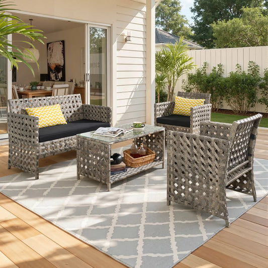 【Mother'S Day Gift】Ovios 4-Piece Patio Furniture Set, Outdoor Wicker Furniture with Coffee Table Glass Top Included, Modern Rattan Chairs Conversation Set, Outdoor Seating, Weather-Resistant, for Porch, Garden, Lawn