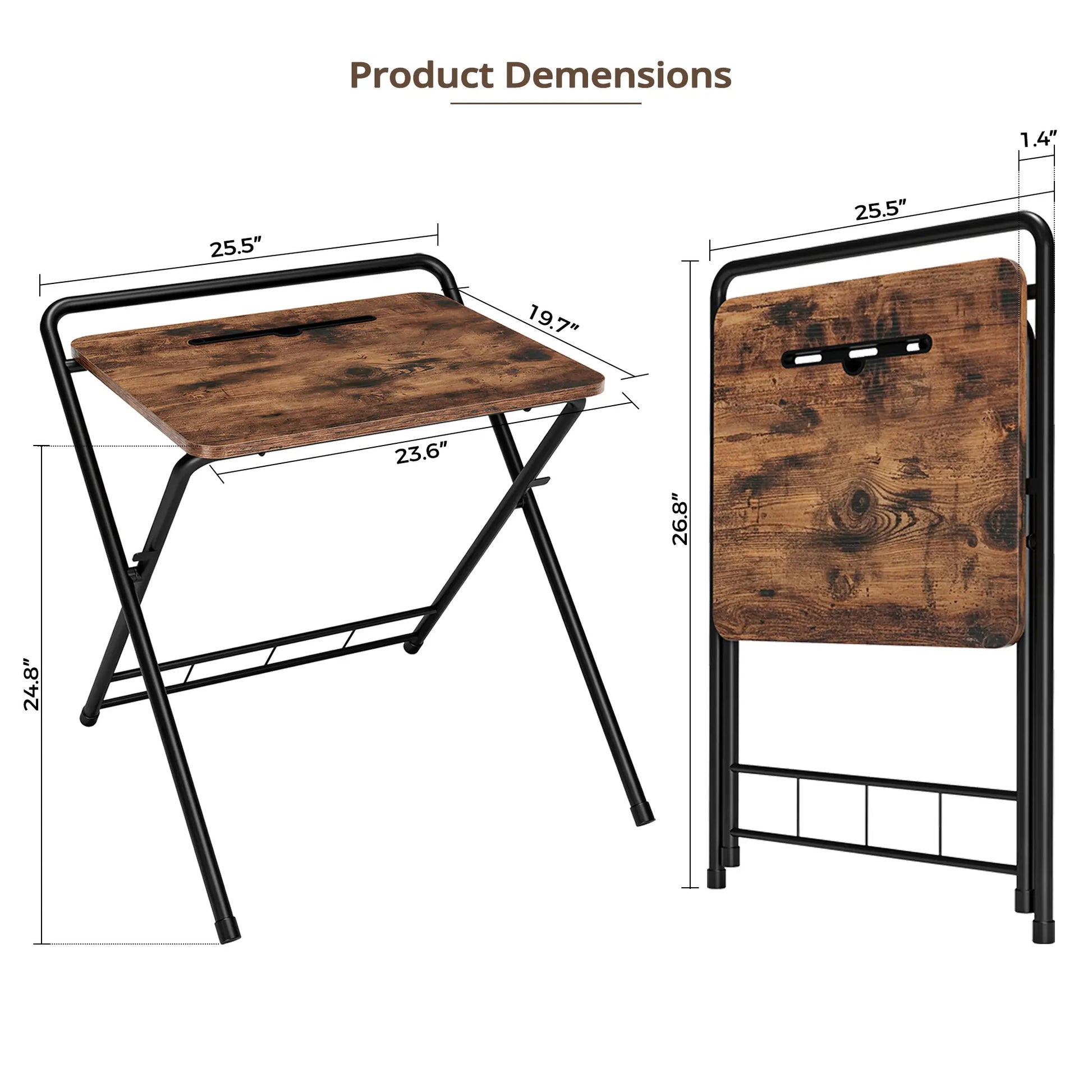 IRONCK Folding Desk for Small Spaces,Folding TV Tray Table, Industrial Snack Table for Eating at Couch,24.8 Inch Foldable Computer Table with 3-Level Adjustable Height & Tablet Slot, Space Saving, Writing Work Table for Home Office, Bedroom, Outdoor Patio