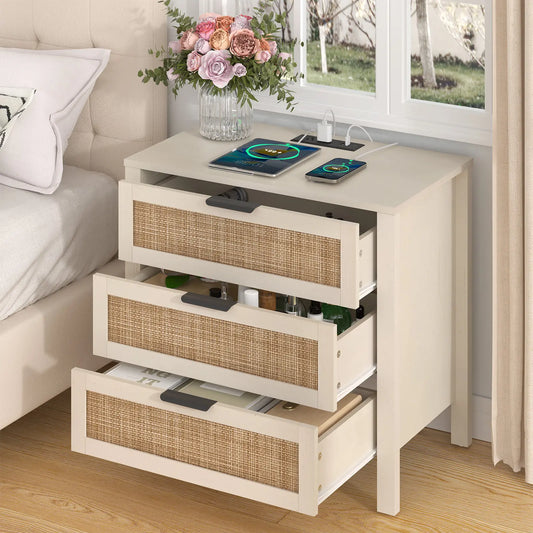 HOMMPA Nightstand with Charging Station, Boho Bedside Table with USB Ports, Large Rattan Night Stand with 3 Drawers, Modern Side Table End Table with Open Shelf for Bedroom, Cream