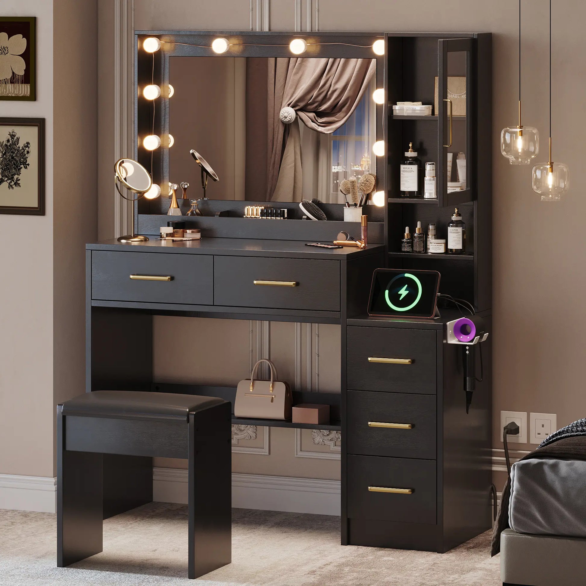 58.3”Vanity Desk with Mirror and Replaceable Lights & Charging Station,Bedroom Dressing Table,Large Vanity Set,8 Drawers and 2 Cabinets,Makeup Vanity Table with Charging Station,Without Stool