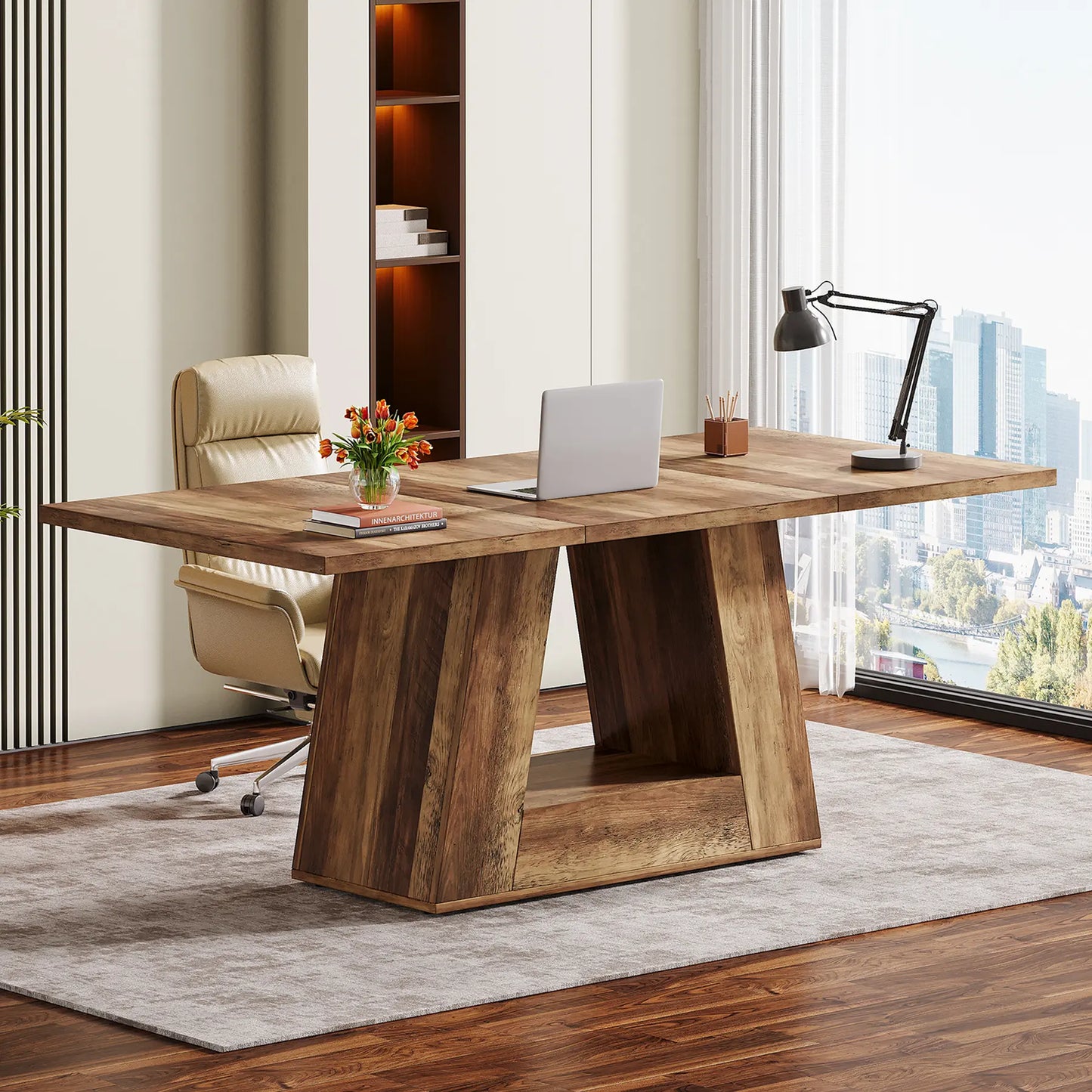LITTLE TREE Farmhouse Computer Desk, 63-Inch Large Office Desk Workstation, Simple Style Executive Desk Study Table with Sturdy Base, Wooden Writing Desk for Home Office