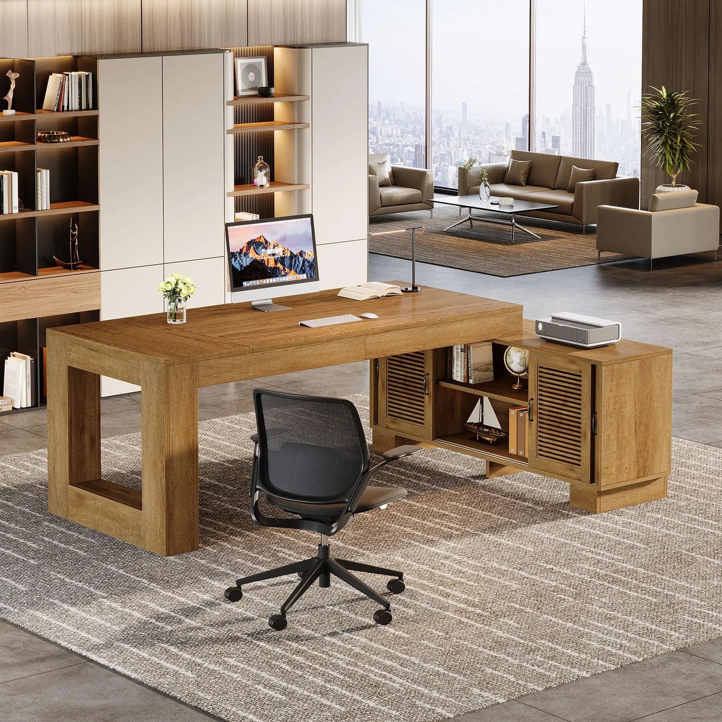 Tribesigns 63-Inch L Shaped Desk for Home Office with Storage Cabinets and Shelves, Modern Executive Computer Workstation