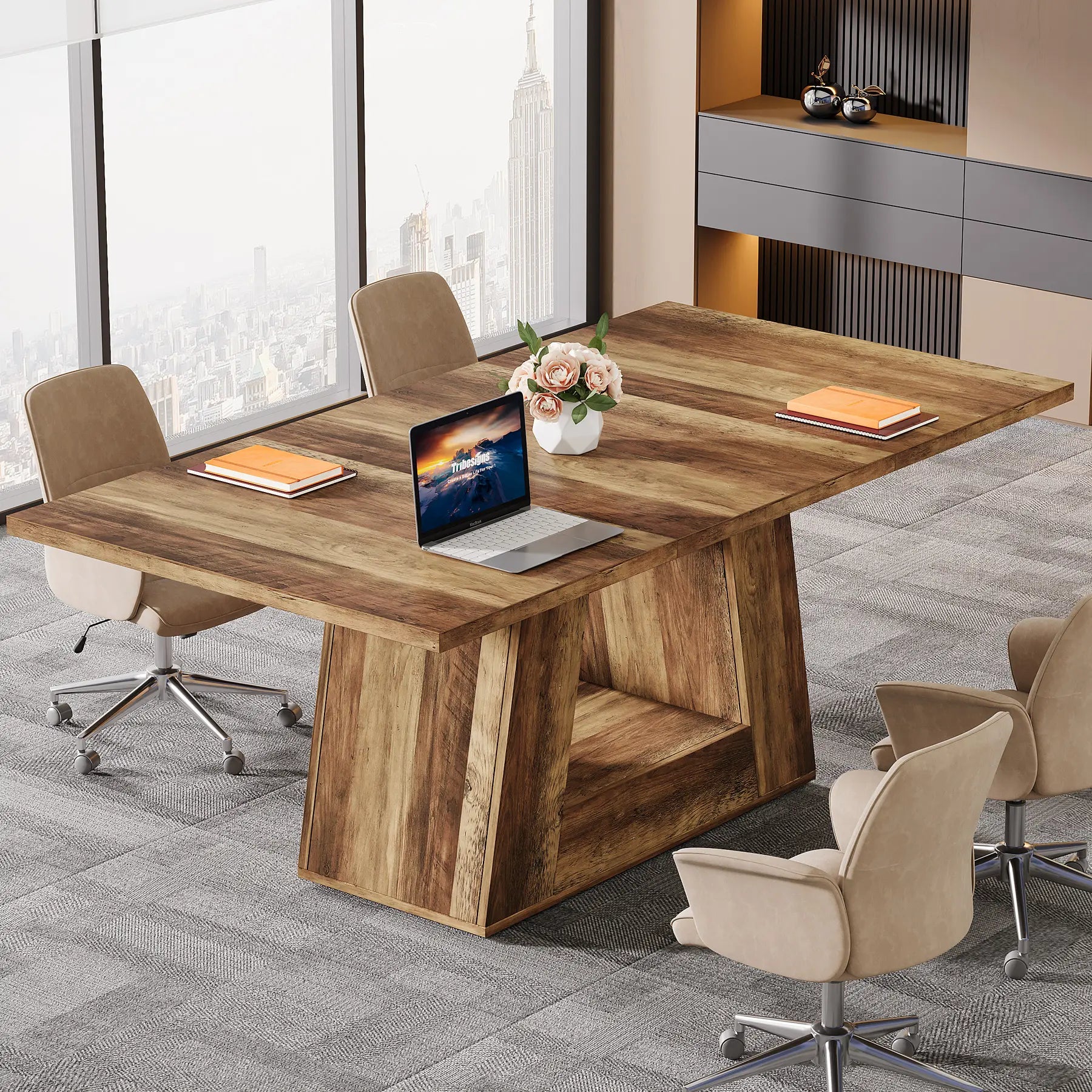 LITTLE TREE Farmhouse Computer Desk, 63-Inch Large Office Desk Workstation, Simple Style Executive Desk Study Table with Sturdy Base, Wooden Writing Desk for Home Office