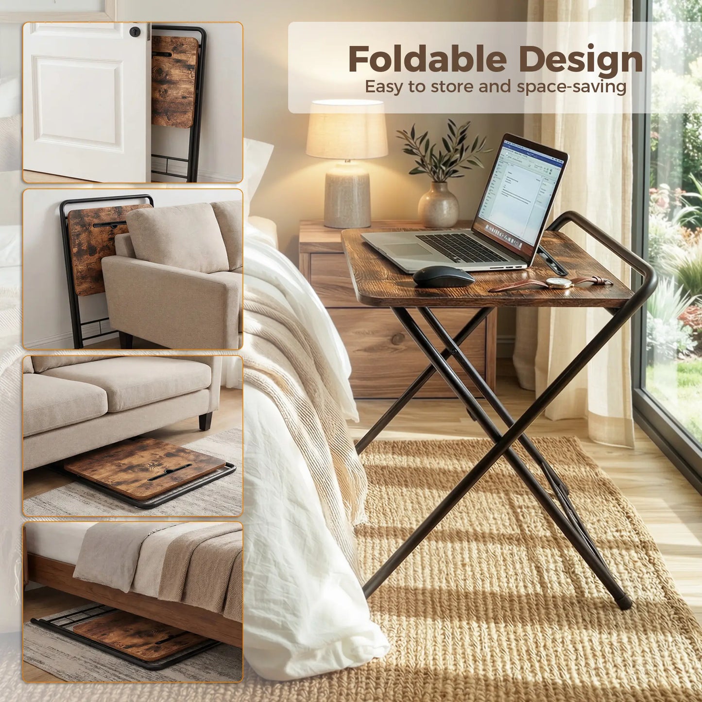 IRONCK Folding Desk for Small Spaces,Folding TV Tray Table, Industrial Snack Table for Eating at Couch,24.8 Inch Foldable Computer Table with 3-Level Adjustable Height & Tablet Slot, Space Saving, Writing Work Table for Home Office, Bedroom, Outdoor Patio