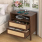 HOMMPA Nightstand with Charging Station, Boho Bedside Table with USB Ports, Large Rattan Night Stand with 3 Drawers, Modern Side Table End Table with Open Shelf for Bedroom, Cream