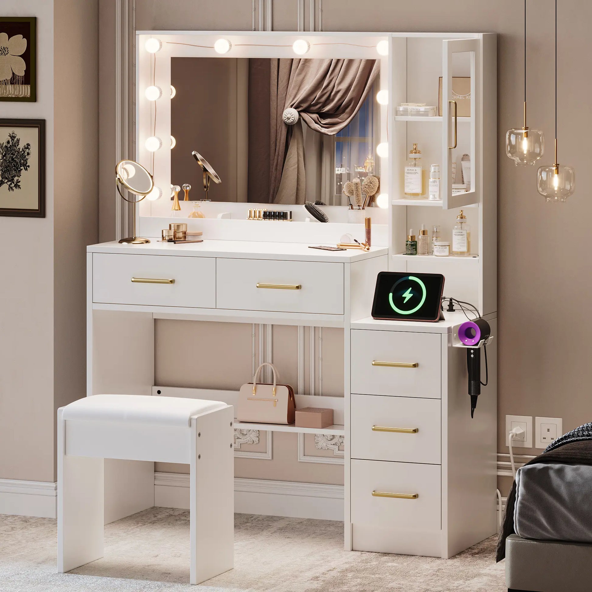 58.3”Vanity Desk with Mirror and Replaceable Lights & Charging Station,Bedroom Dressing Table,Large Vanity Set,8 Drawers and 2 Cabinets,Makeup Vanity Table with Charging Station,Without Stool