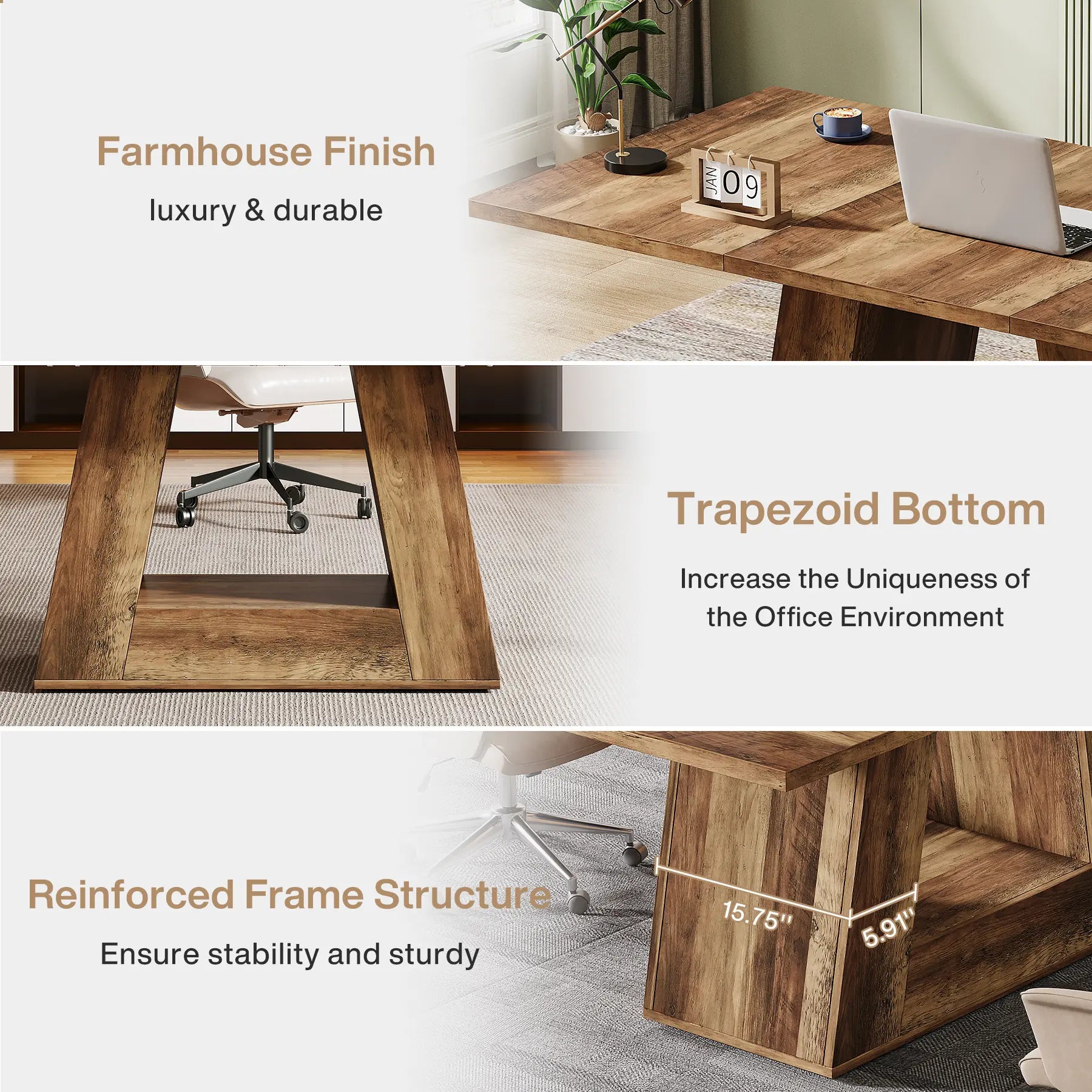 LITTLE TREE Farmhouse Computer Desk, 63-Inch Large Office Desk Workstation, Simple Style Executive Desk Study Table with Sturdy Base, Wooden Writing Desk for Home Office