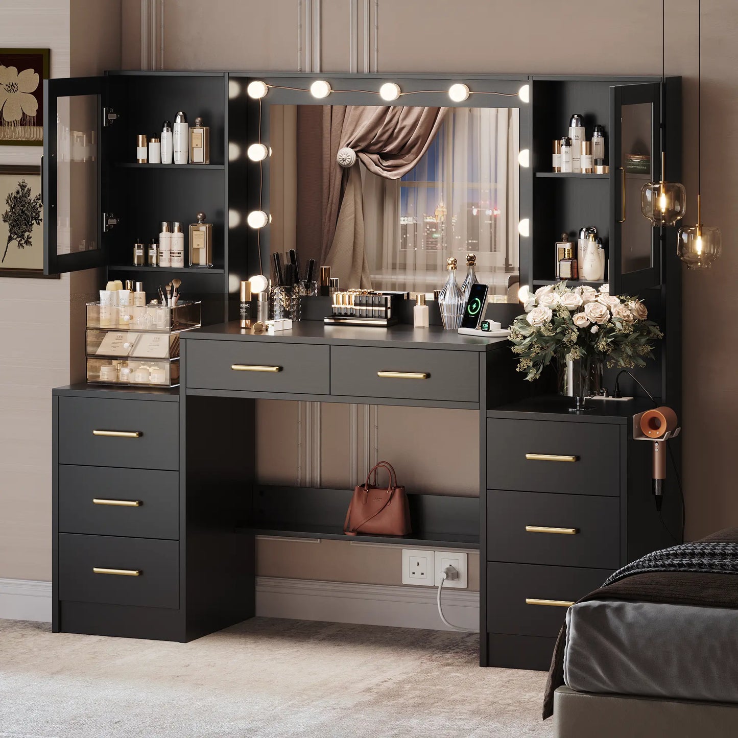 58.3”Vanity Desk with Mirror and Replaceable Lights & Charging Station,Bedroom Dressing Table,Large Vanity Set,8 Drawers and 2 Cabinets,Makeup Vanity Table with Charging Station,Without Stool