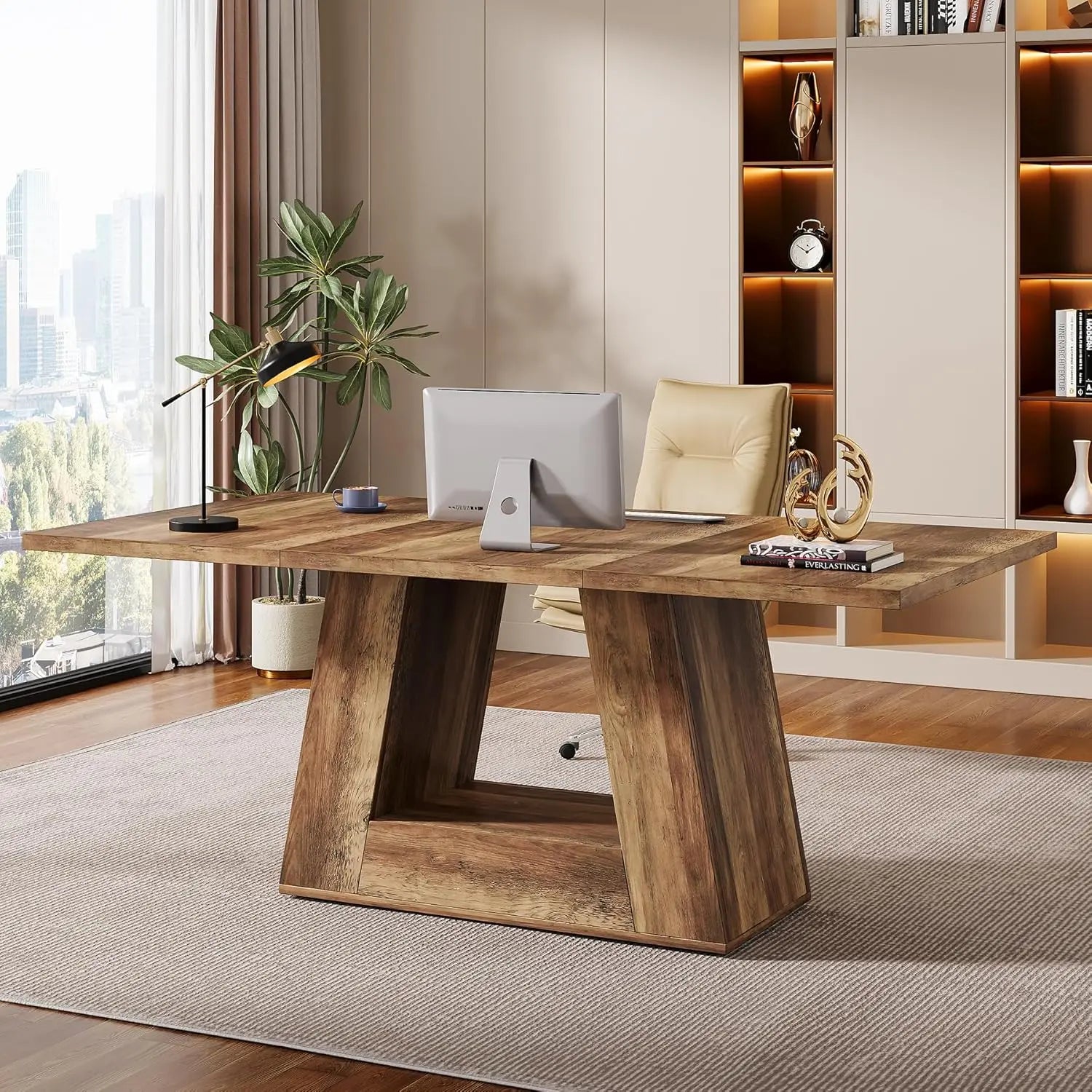 LITTLE TREE Farmhouse Computer Desk, 63-Inch Large Office Desk Workstation, Simple Style Executive Desk Study Table with Sturdy Base, Wooden Writing Desk for Home Office