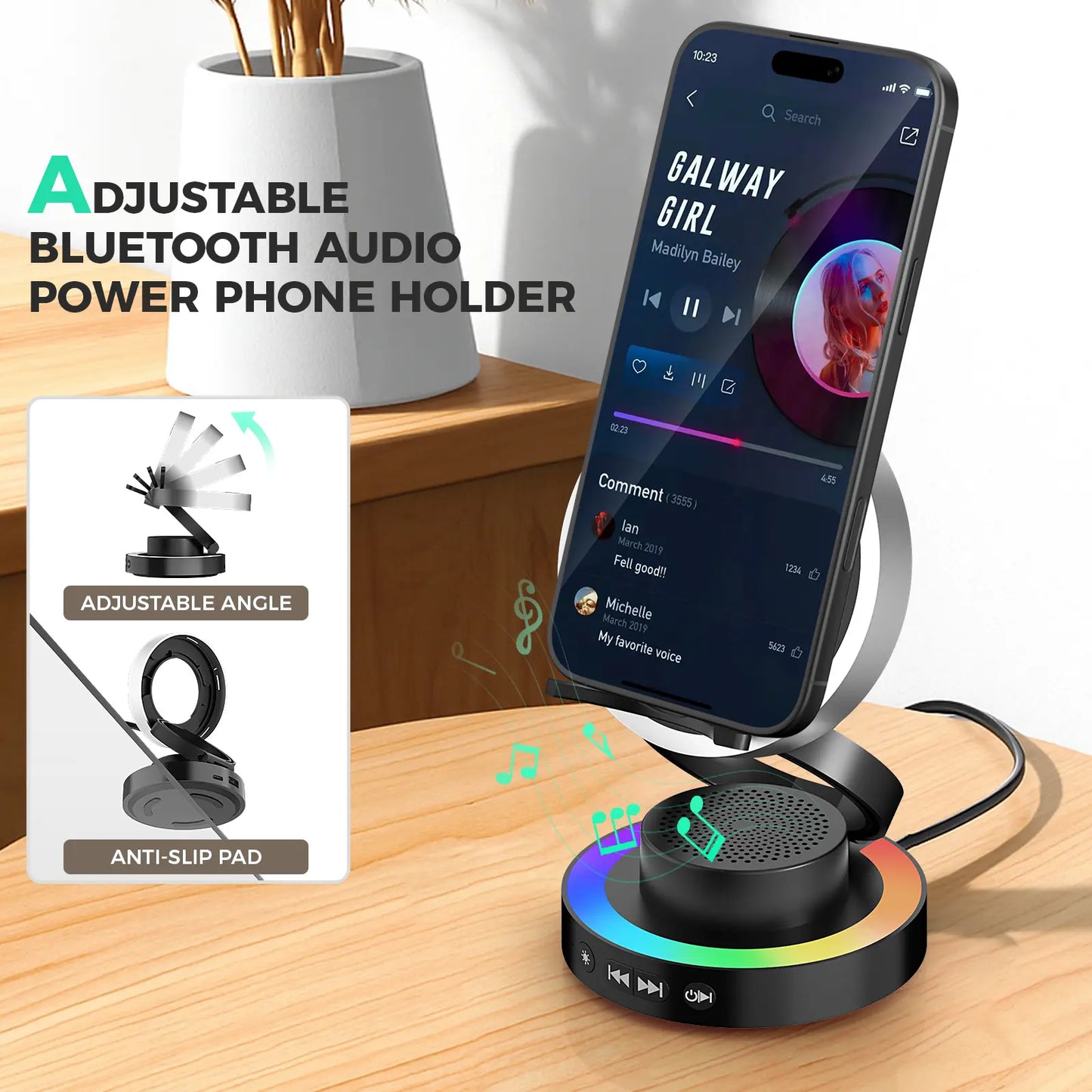 Wireless Speaker Phone Stand with BT Speaker Power Bank RGB Light Foldable for All Phones Bluetooth 5.3 Technology Adjustable Stand Vibrant Ambient Lighting Perfect Gift Choice