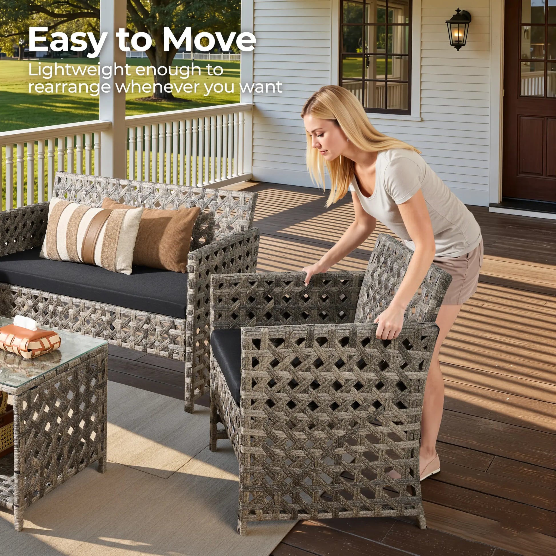【Mother'S Day Gift】Ovios 4-Piece Patio Furniture Set, Outdoor Wicker Furniture with Coffee Table Glass Top Included, Modern Rattan Chairs Conversation Set, Outdoor Seating, Weather-Resistant, for Porch, Garden, Lawn