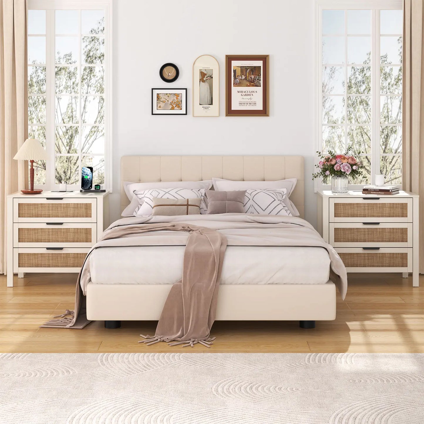 HOMMPA Nightstand with Charging Station, Boho Bedside Table with USB Ports, Large Rattan Night Stand with 3 Drawers, Modern Side Table End Table with Open Shelf for Bedroom, Cream