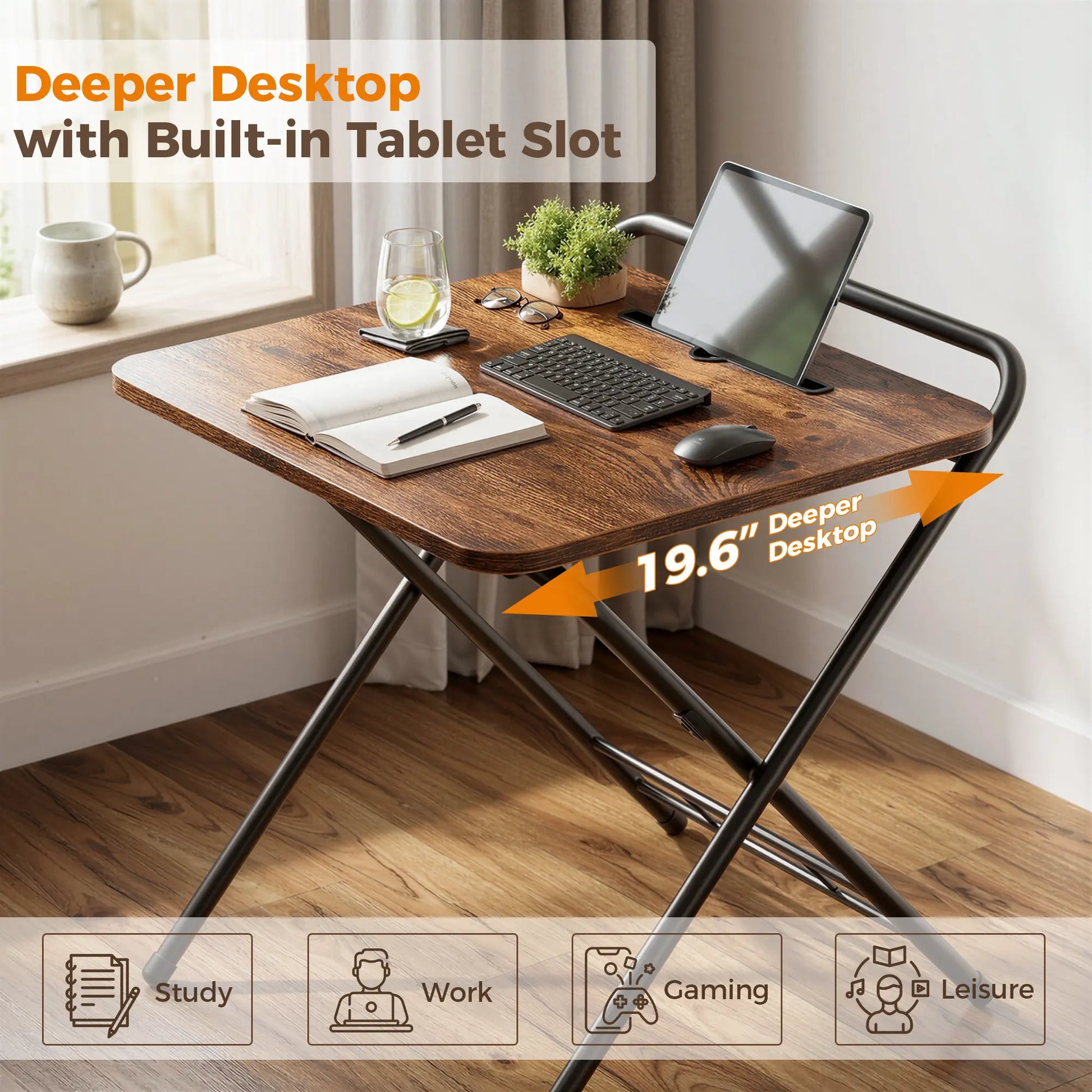 IRONCK Folding Desk for Small Spaces,Folding TV Tray Table, Industrial Snack Table for Eating at Couch,24.8 Inch Foldable Computer Table with 3-Level Adjustable Height & Tablet Slot, Space Saving, Writing Work Table for Home Office, Bedroom, Outdoor Patio