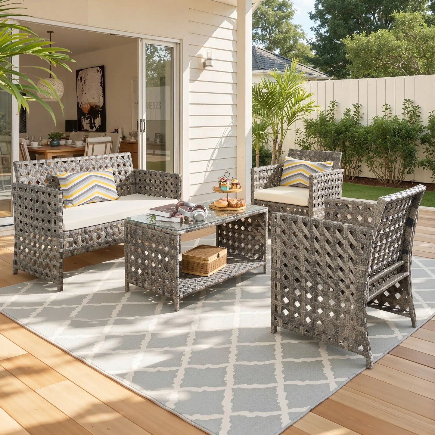 【Mother'S Day Gift】Ovios 4-Piece Patio Furniture Set, Outdoor Wicker Furniture with Coffee Table Glass Top Included, Modern Rattan Chairs Conversation Set, Outdoor Seating, Weather-Resistant, for Porch, Garden, Lawn