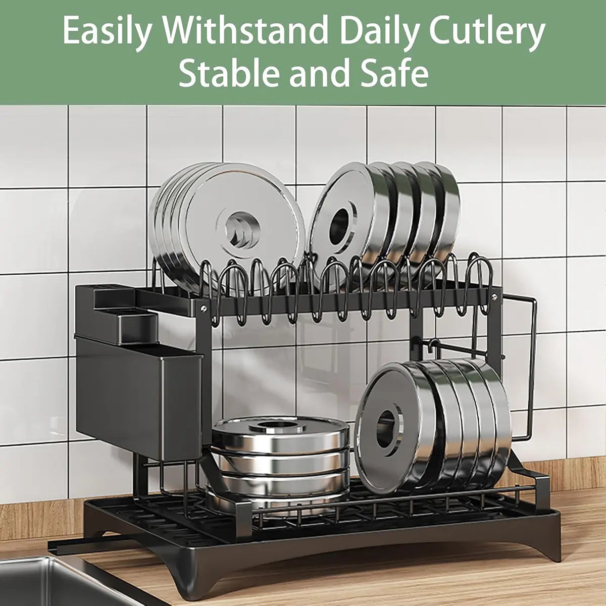 2 Tier Large Dish Drying Rack,Drying Rack with Automatic Drainboard,Rustproof Dish Drainer with Removable Utensil Holder, Cups Holder